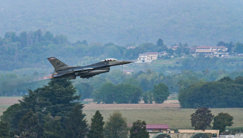 A U.S. Air Force F-16 with the 510th Fighter Squadron, 31st fighter Wing, takes off at an Air Base in Italy, October 13, 2023, as part of Exercise Steadfast Noon.