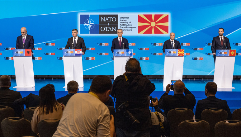 Left to right - Edi Rama (Prime Minister of Albania), Zoran Milanović (President of Croatia), Jens Stoltenberg (NATO Secretary General), Dimitar Kovačevski (Prime Minister of North Macedonia), Milojko Spajić (Prime Minister of Montenegro)