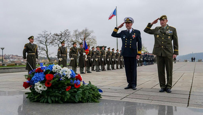 Chair of the NATO Military Committee, Admiral Rob Bauer and  Chief of General Staff of the Czech Armed Forces, Lieutenant General Karel Řehka at the wreath laying ceremony at the Vitkov National Memorial.