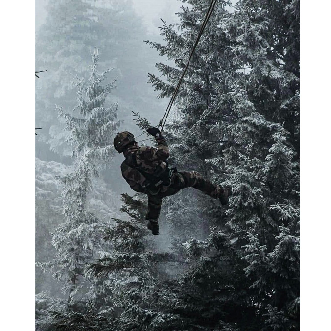 Romania's elite mountain troops train alongside their French Allies as part of NATO's multinational battlegroup in Romania. Pictured here: a soldier rappels from a massive pine tree in a snowy forest in Romania. Credit: Vasile Hrib, Bishop Cojocariu via Ministry of National Defence, Romania