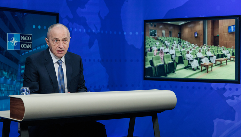 NATO Deputy Secretary General Mircea Geoană giving a virtual lecture to the National Defense College, Oman