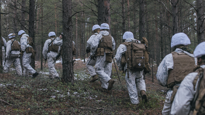 Des  marines américains se déplacent dans la nature finlandaise.