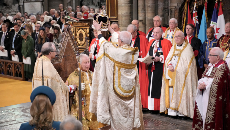 King Charles III receives The St Edward's Crown during his coronation ceremony in Westminster Abbey, London. Picture date: Saturday May 6, 2023. Jonathan Brady/Pool via REUTERS