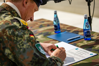 NATO hand-over take-over ceremony during the Griffin Shock exercise in Bemowo Piskie training area. Multinational Corps Northeast Commander, German Army Lt. Gen Jürgen-Joachim von Sandrart, and Multinational Division-Northeast Commander, Polish Army Maj. Gen. Zenon Brzuszko, signed the Transfer of Authority protocol.