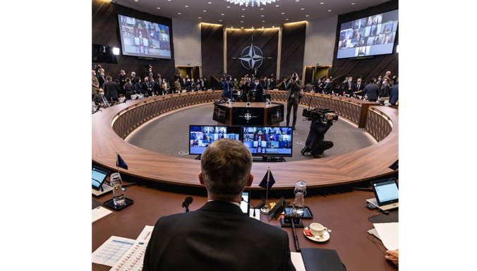 NATO Secretary General Jens Stoltenberg chairs the first ever virtual NATO summit, held by secure videoconference on the day after Russia's full-scale invasion of Ukraine on 24 February 2022.