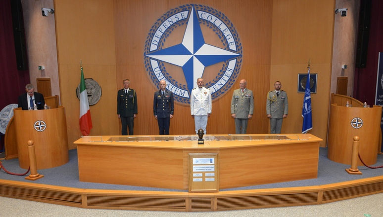 Admiral Rob Bauer, Chair of the NATO Military Committee participating in the NATO Defense College Change of Command Ceremony accompanied by LtGen Olivier Rittimann and LtGen Max A.L.T. Nielsen