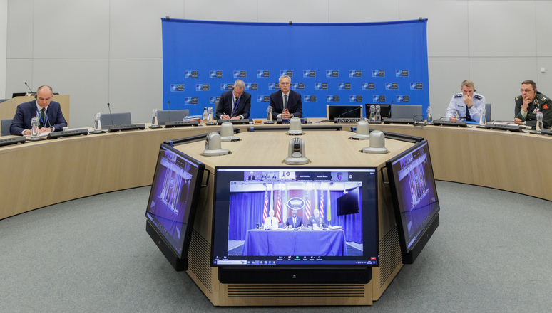 NATO Secretary General Jens Stoltenberg participates in a virtual meeting of the Ukraine Defense Contact Group