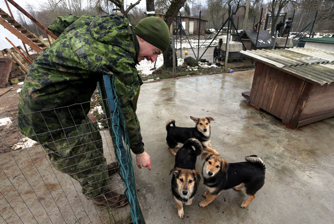 Soldiers from the Latvian Armed Forces, together with officers from NATO's multinational battlegroup Latvia, and US troops deployed to Latvia as part of Operation Atlantic Resolve, provide support to the animal shelter 'Otrā māja' in Daugavpils District, Latvia, by cleaning and repairing the facility and grounds in their spare time (2017).