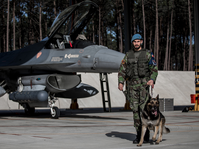 Friends 'fur-ever': a Portuguese soldier and his service dog patrol an airfield during international live-fly exercise Real Thaw 2018, where six NATO Allies improve their flying skills and interoperability during 400 sorties and 600 flying hours (2018).