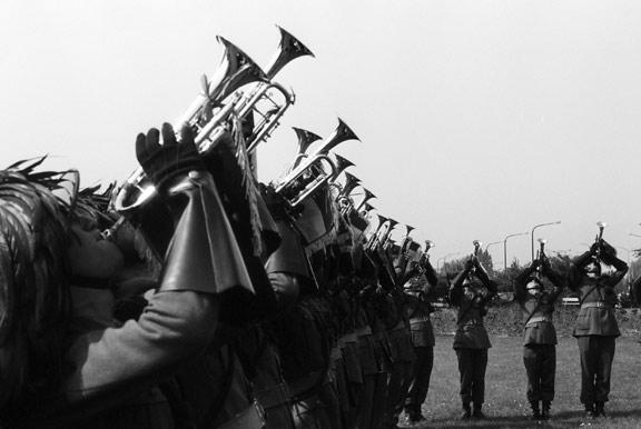 1980 - Italian Alpine troops blow horns at NATO HQ