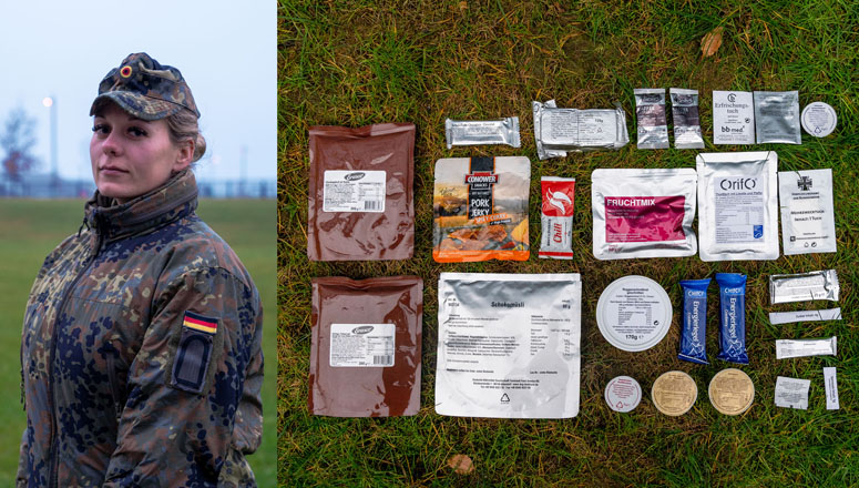 German soldier Larissa and the German 24-hour ration pack