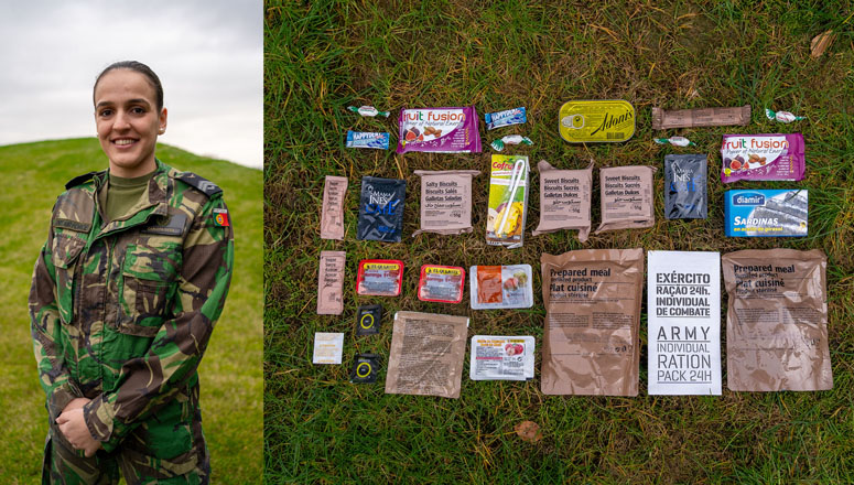 Portuguese soldier Carlota and the Portuguese 24-hour ration pack