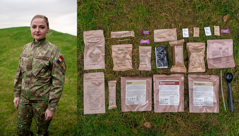 Romanian soldier Anca and the Romanian 24-hour ration pack