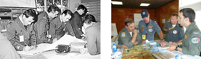 From the beginnings of the Tiger Meets, detailed mission planning has formed a vital part of the gatherings. Left: crew planning the exercises to be carried out during a Tiger Meet in the 1960s. Right: air and ground crew during a briefing prior to an exercise at the 2002 NATO Tiger Meet in Beja, Portugal. (Photos by NATO Tiger Association)