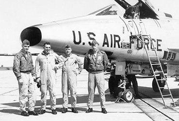 Crew members of the USAF 79th Squadron at the 1964 NATO Tiger Meet in Cambrai-Épinoy, France. Captain Mike Dugan (left) was one of the early promoters of the NTA, identifying tiger squadrons all over Europe during the sixties. (Photo by NATO Tiger Association)