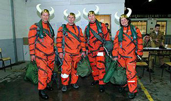 The Norwegian 338 Skvadron arrived at the 2003 NATO Tiger Meet in Cambrai-Épinoy, France in flight suits decorated with tiger stripes. Moreover, traditionally, squadrons bring special headgear on the first day of the meeting. (Photo by NATO Tiger Association)