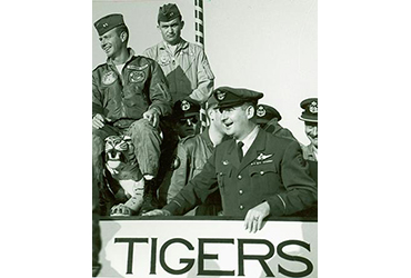 Crew gathered at the 1965 NATO Tiger Meet in Bitburg, Germany. At the front, Antoine “Tiger Tony” Muls, one of the first pilots from the Belgian Air Force’s 31st Squadron to attend the Tiger meets and a loyal Tiger in subsequent gatherings. (Photo by NATO Tiger Association)